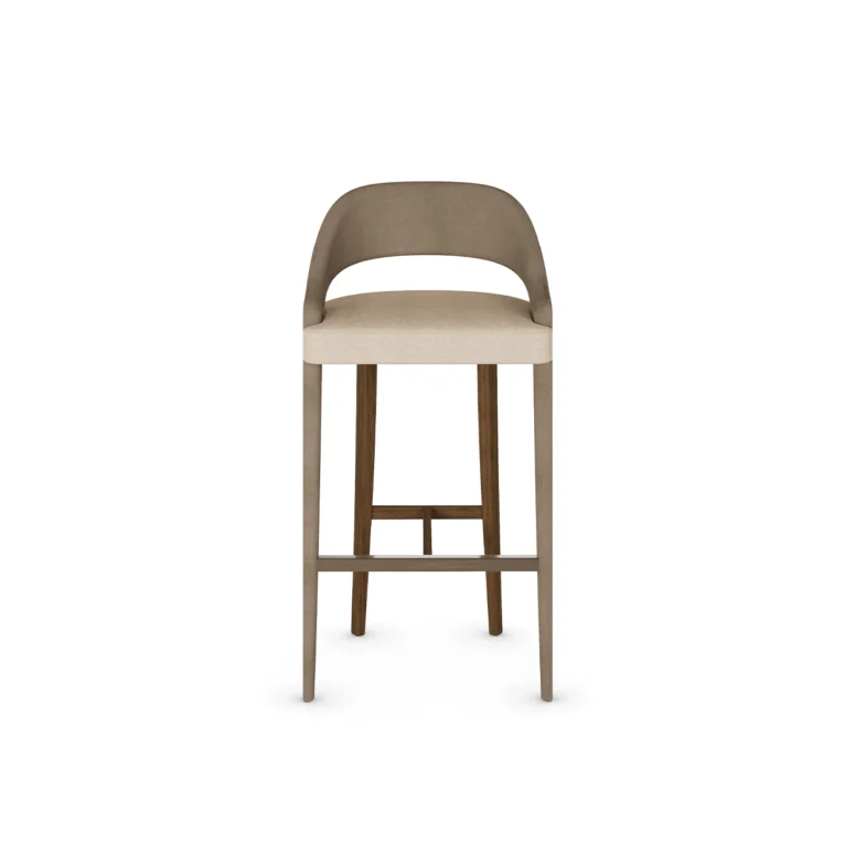 Modern bar chair with a solid wood frame and upholstered seat, featuring a curved backrest and tapered legs, by Nolita Harbour. Front Dini Bar Chair