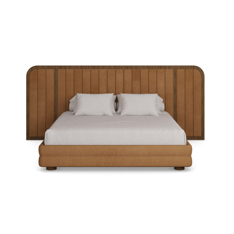 Marthina velvet bed with large walnut headboard, featuring tan velvet upholstery and vertical walnut paneling in a modern, minimalist design. Front View