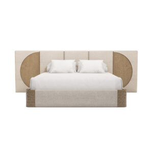 Claude bed featuring a headboard with neutral bouclé upholstery and carved varnished oak accents, sleek modern design with circular wood details on the sides. Front view