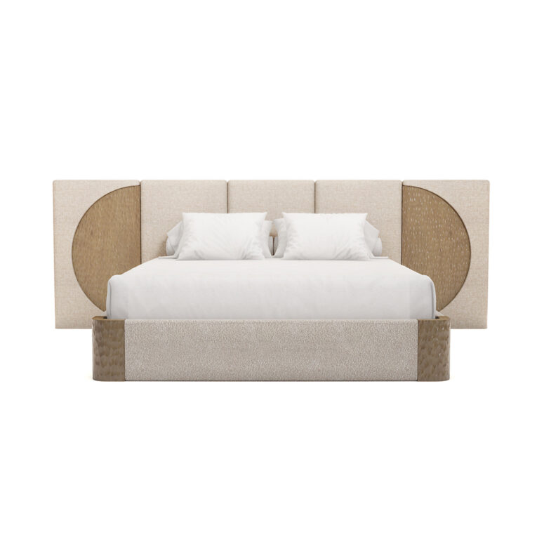 Claude bed featuring a headboard with neutral bouclé upholstery and carved varnished oak accents, sleek modern design with circular wood details on the sides. Front view