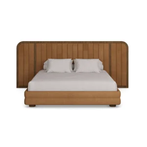 Marthina Bed by Nolita Harbour, an upholstered bed in velvet with a curved walnut headboard and a soft sculptural form.