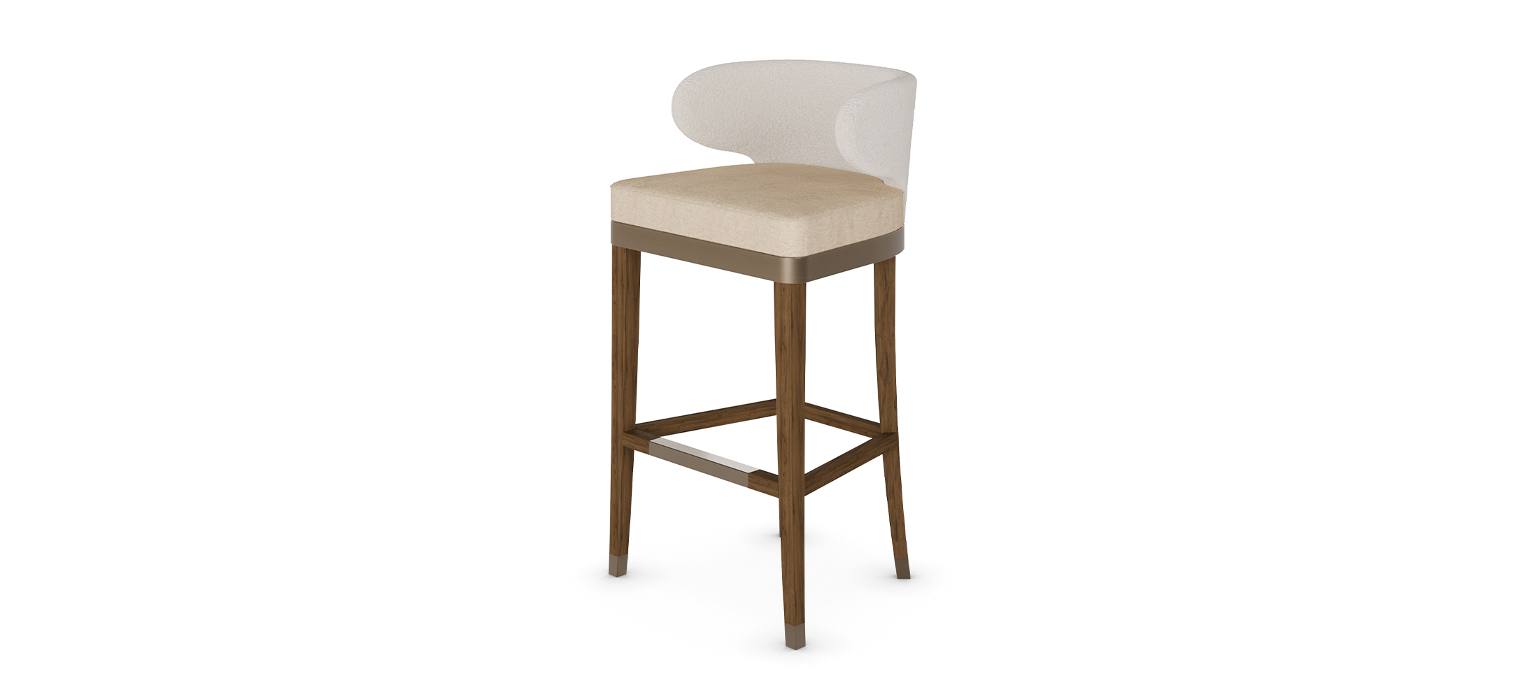 Méredith bar chair with a curved upholstered backrest, beige cushioned seat, and walnut wood legs with metal accents, designed by Nolita Harbour for modern bar settings. Front View