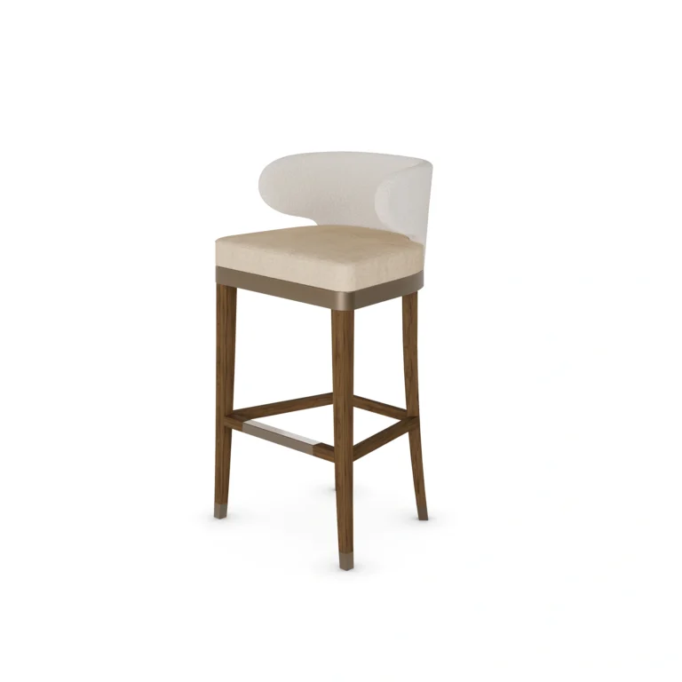 Méredith bar chair by Nolita Harbour, velvet bar stool with wood frame and metal footrest, refined curved-back design.