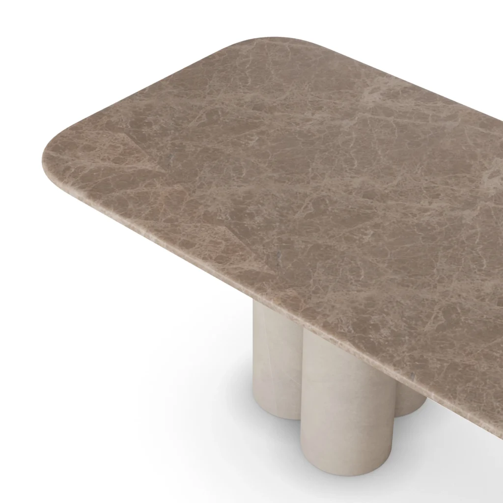 Petra Dining Table, a sculptural dining table by Nolita Harbour in Light Emperador marble, combining warm tones with a bold cylindrical base