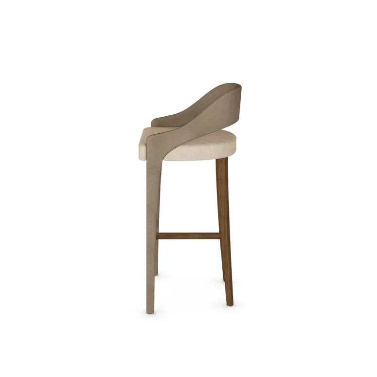 Modern bar chair with a solid wood frame and upholstered seat, featuring a curved backrest and tapered legs, by Nolita Harbour. Side View