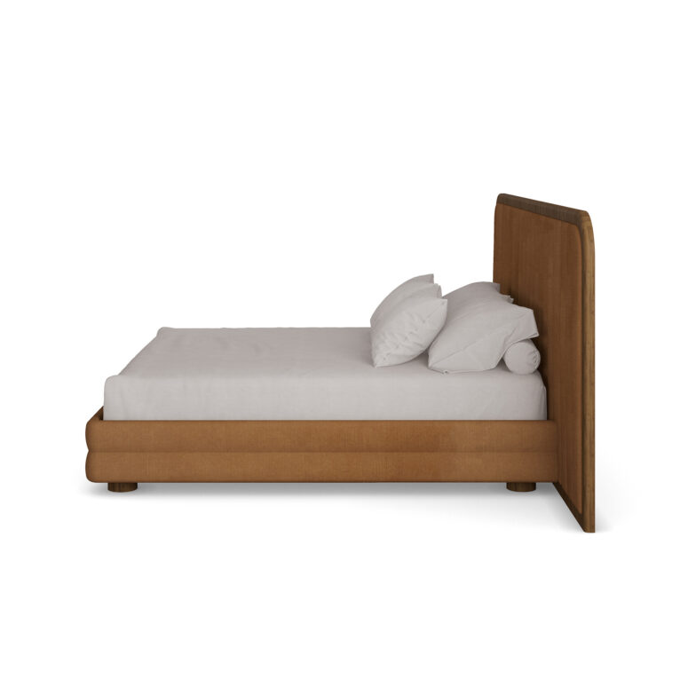 Marthina velvet bed with large walnut headboard, featuring tan velvet upholstery and vertical walnut paneling in a modern, minimalist design. Side View