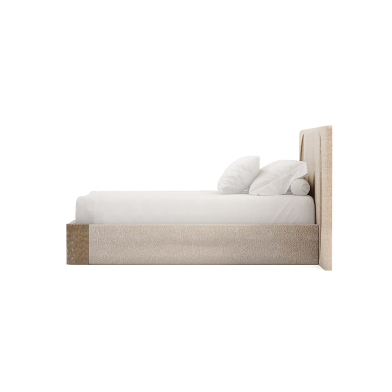 Claude bed featuring a headboard with neutral bouclé upholstery and carved varnished oak accents, sleek modern design with circular wood details on the sides. Side View