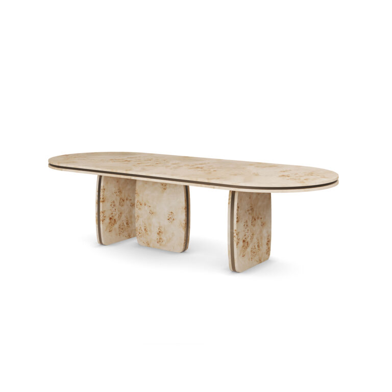 Assia dining table made of poplar root with sculptural legs and polished brass detailing. 45 degree