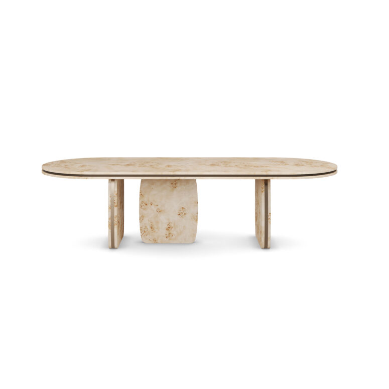 Assia dining table made of poplar root with sculptural legs and polished brass detailing. Front View