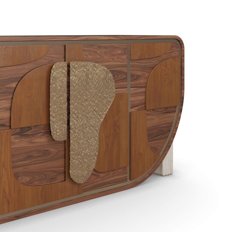 Aurore sideboard with walnut and cherry wood, hammered brass handles, and ribbed travertine legs. Nolita Harbour Detail view