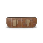 Aurore sideboard with walnut and cherry wood, hammered brass handles, and ribbed travertine legs. Nolita Harbour Front View