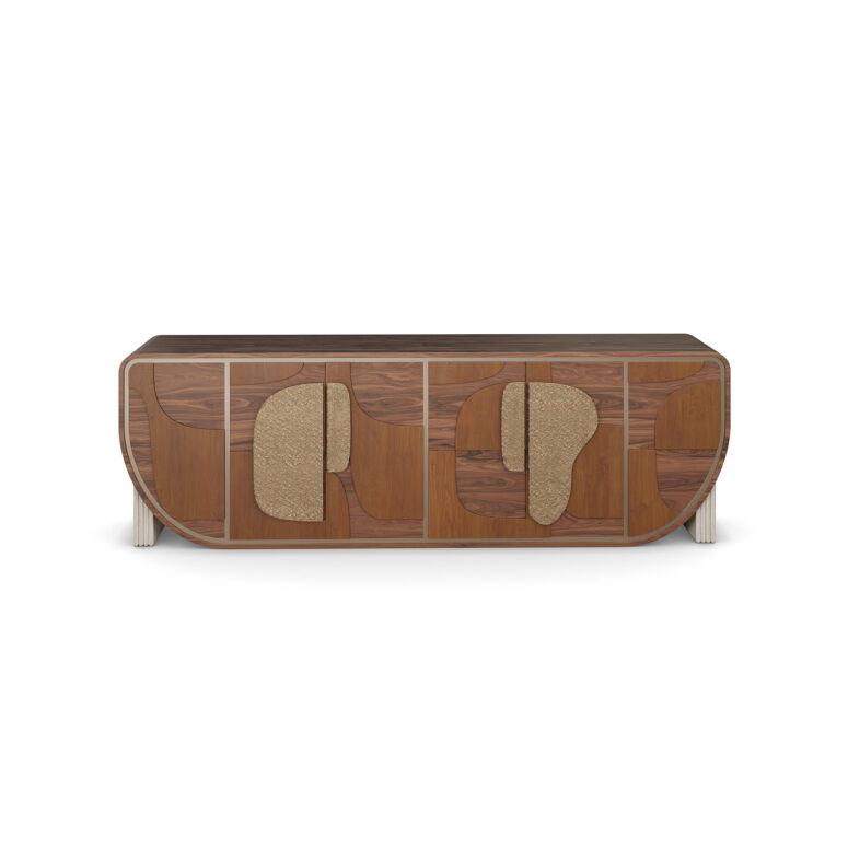 Aurore sideboard with walnut and cherry wood, hammered brass handles, and ribbed travertine legs. Nolita Harbour Front View