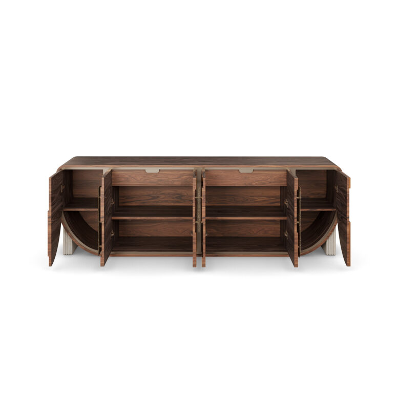 Aurore sideboard with walnut and cherry wood, hammered brass handles, and ribbed travertine legs. Front View Open Drawers