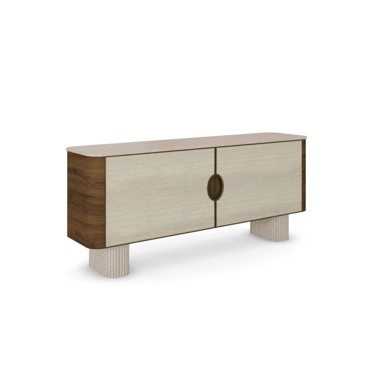 Perrine sideboard with ribbed travertine legs, walnut body, Alpinina marble top, synthetic wicker doors, and aged brass handles. Nolita Harbour 45 degree view