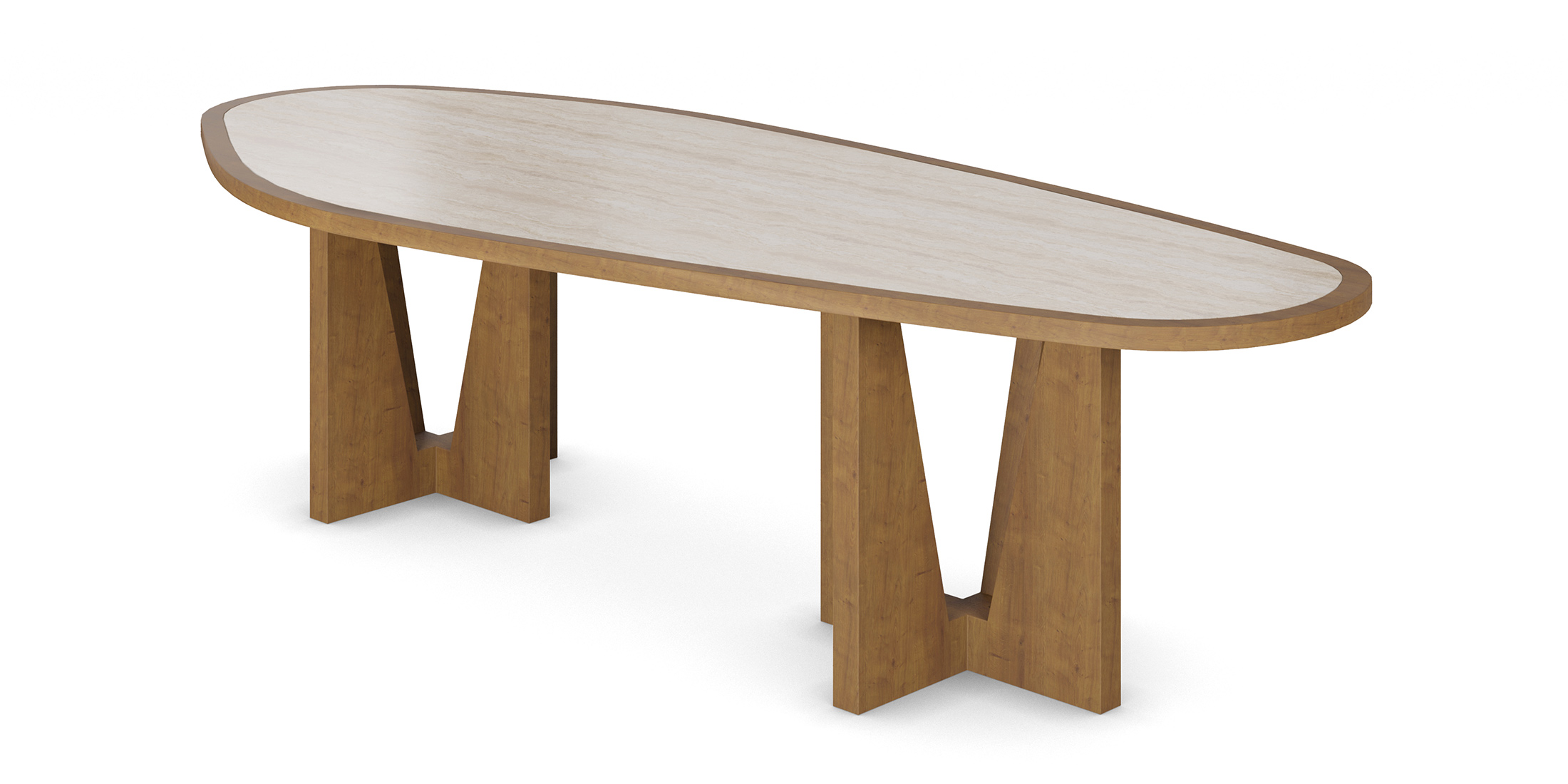 Modern dining table with a travertine top and varnished oak legs, featuring an organic-shaped tabletop and a sculptural base, by Nolita Harbour. 45 degree