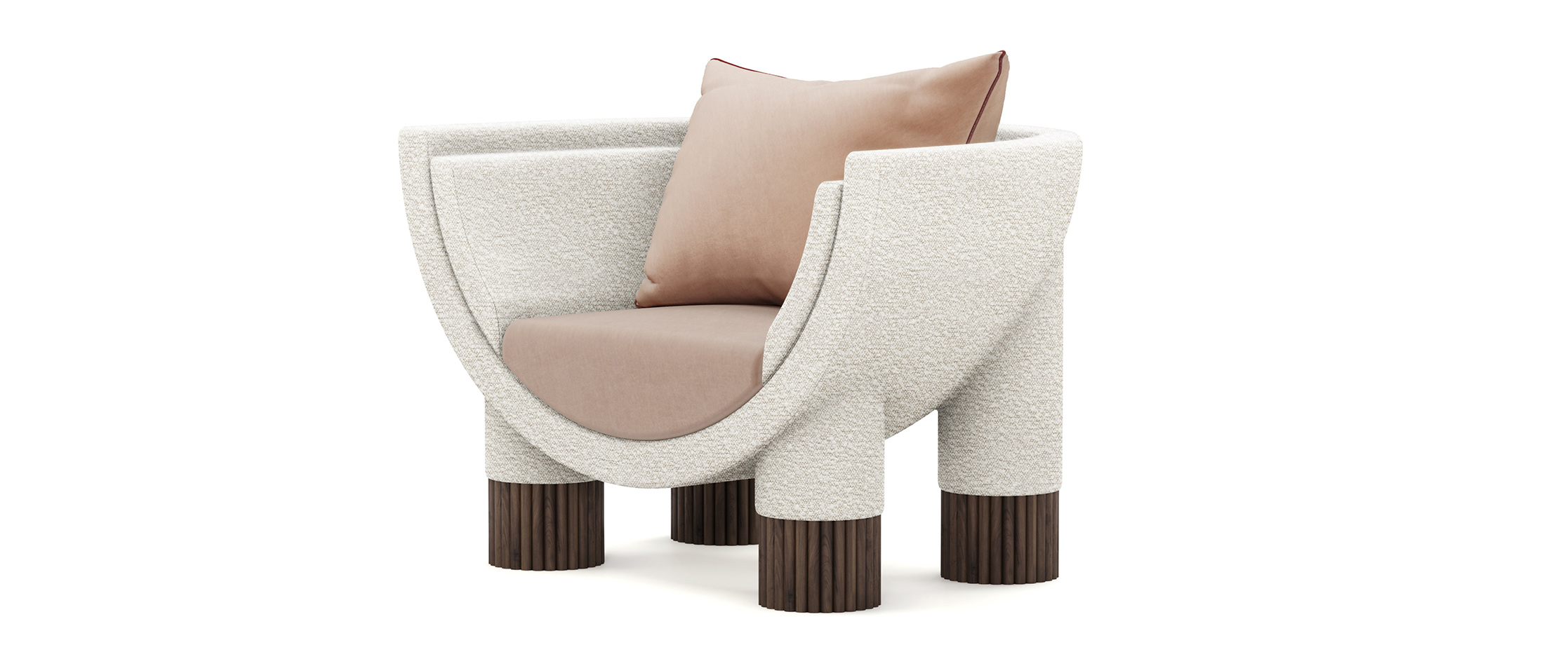 Anna armchair with a curved frame, upholstered in soft fabric, featuring ribbed walnut legs, and plush beige cushions, by Nolita Harbour. Anna Armchair 45 front view