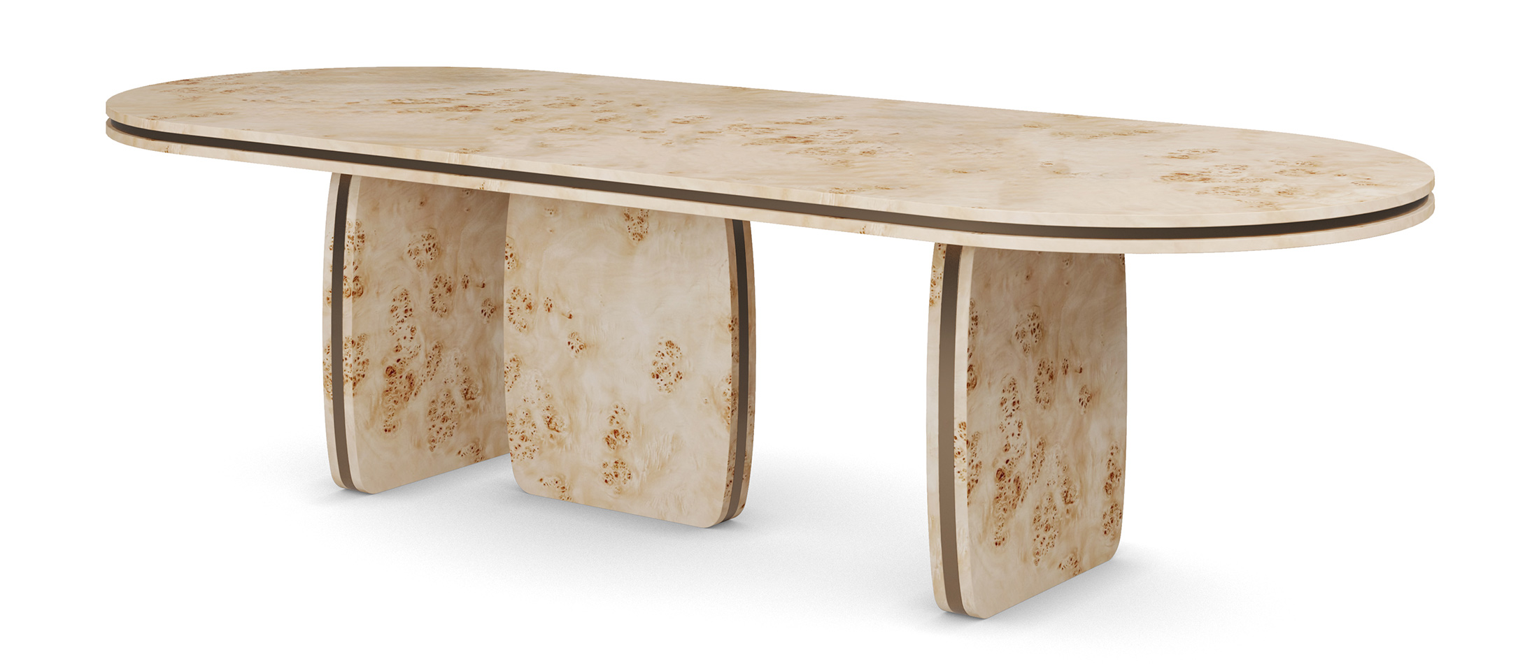 Assia dining table made of poplar root with sculptural legs and polished brass detailing. 45 degree