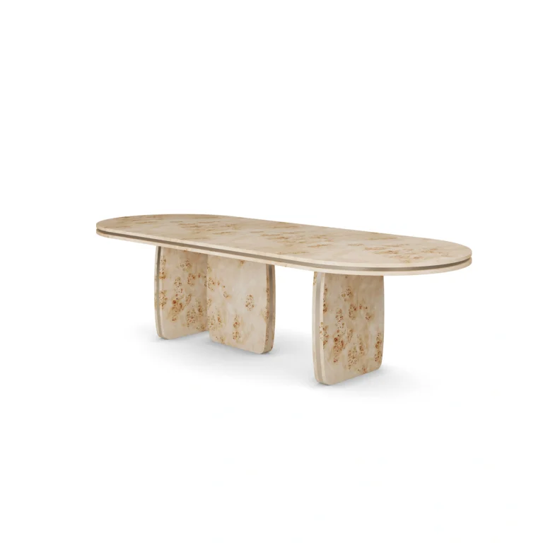 Assia Dining Table, an elegant dining table by Nolita Harbour in poplar root wood, with a sculptural base and calm presence.