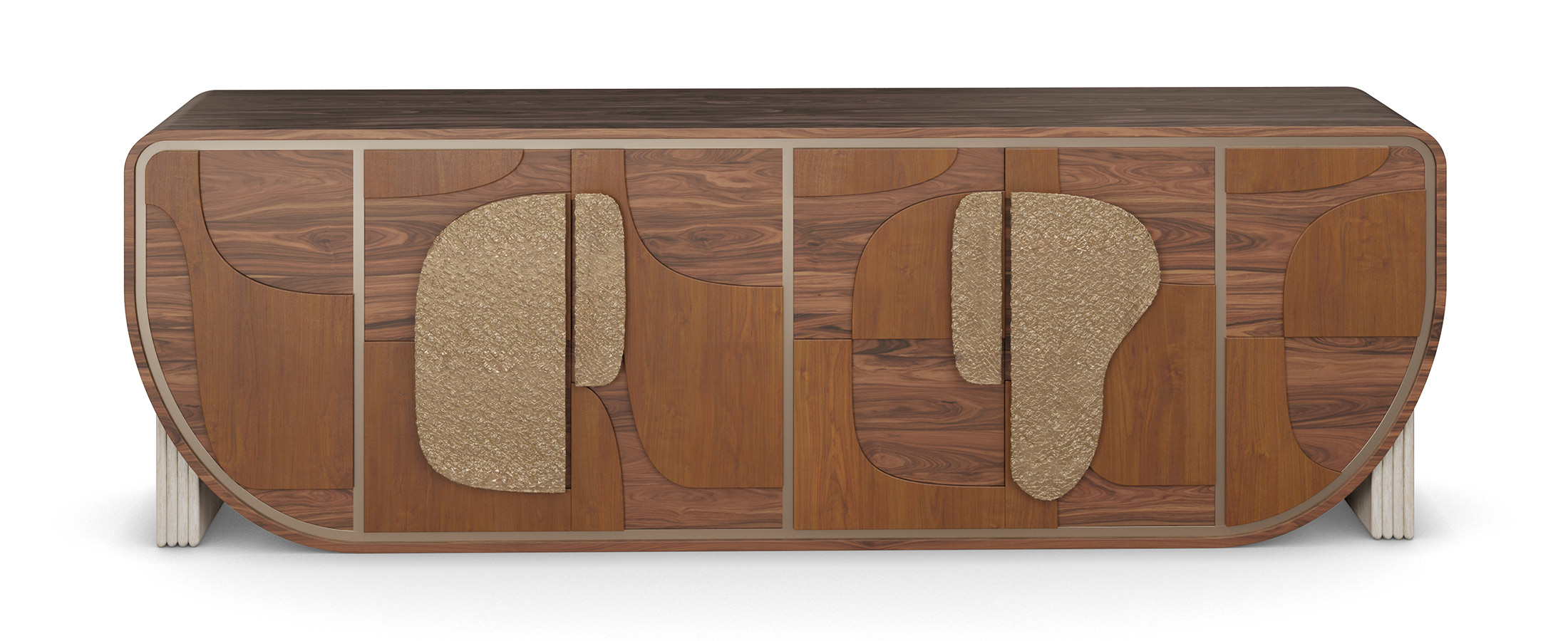 Aurore sideboard with walnut and cherry wood, hammered brass handles, and ribbed travertine legs. Nolita Harbour Front View