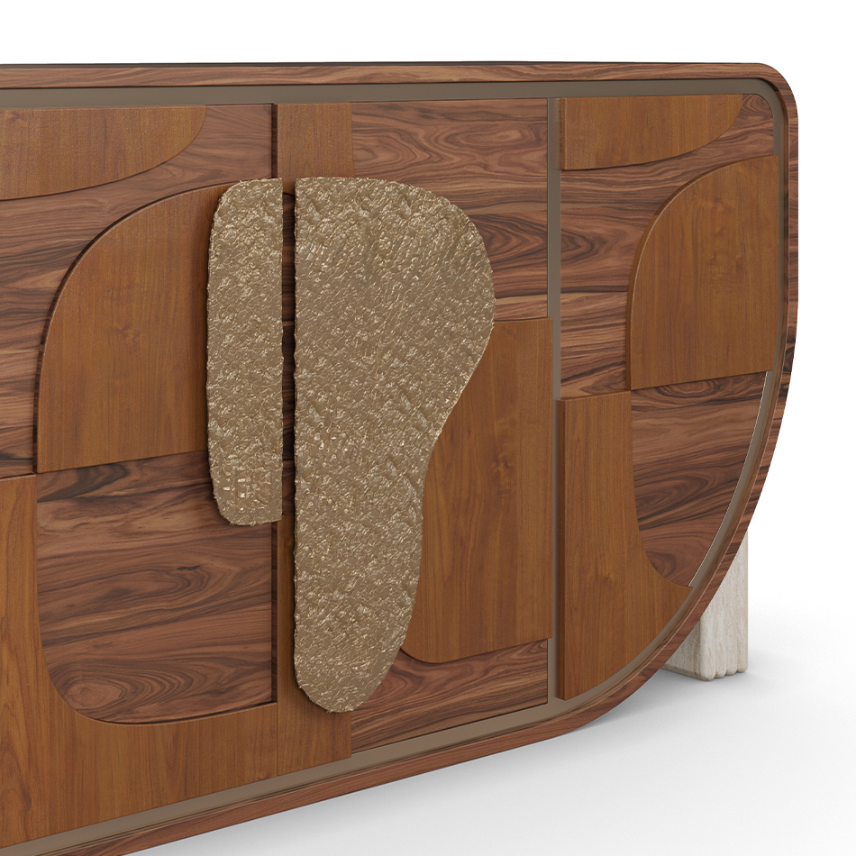 Aurore sideboard with walnut and cherry wood, hammered brass handles, and ribbed travertine legs. Nolita Harbour Front View