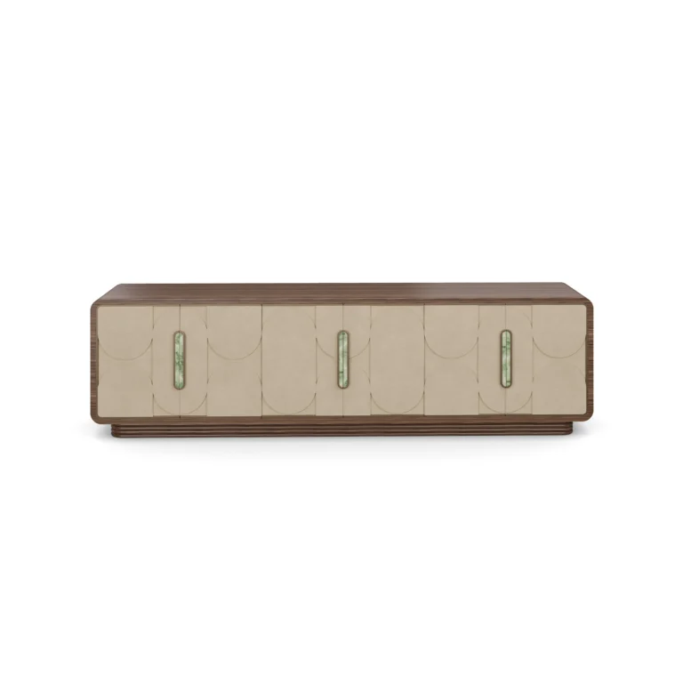 Brielle Sideboard, an elegant sideboard by Nolita Harbour in ebony wood, with ceramic and brass handles and a sculpted plaster finish