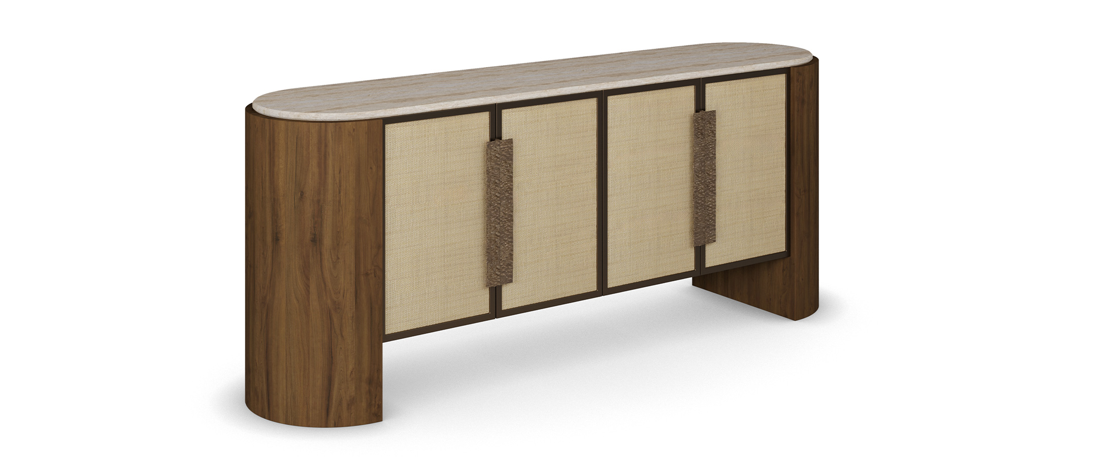 Capucine sideboard with a travertine top, walnut frame, synthetic wicker cabinet doors, and hammered aged brass handles. 45 degree view