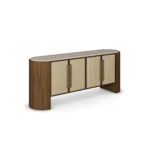 Capucine Sideboard, a refined sideboard by Nolita Harbour crafted in walnut, wicker, brass, and travertine, with woven doors and a stone top