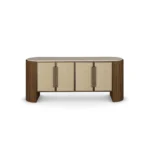 Capucine Sideboard, an elegant sideboard by Nolita Harbour in walnut, wicker, brass, and travertine, featuring a warm linear form