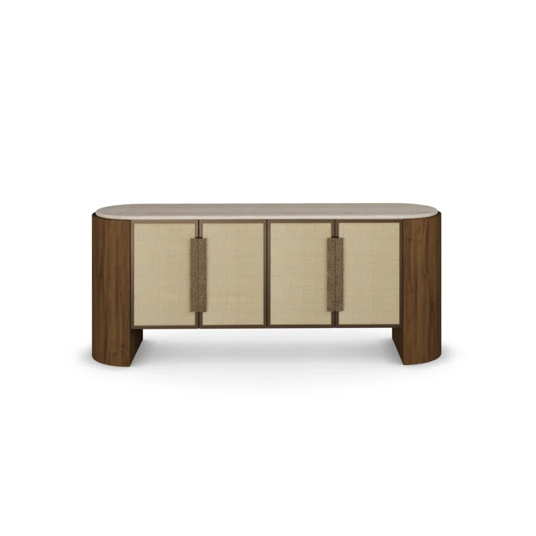 Capucine Sideboard, an elegant sideboard by Nolita Harbour in walnut, wicker, brass, and travertine, featuring a warm linear form