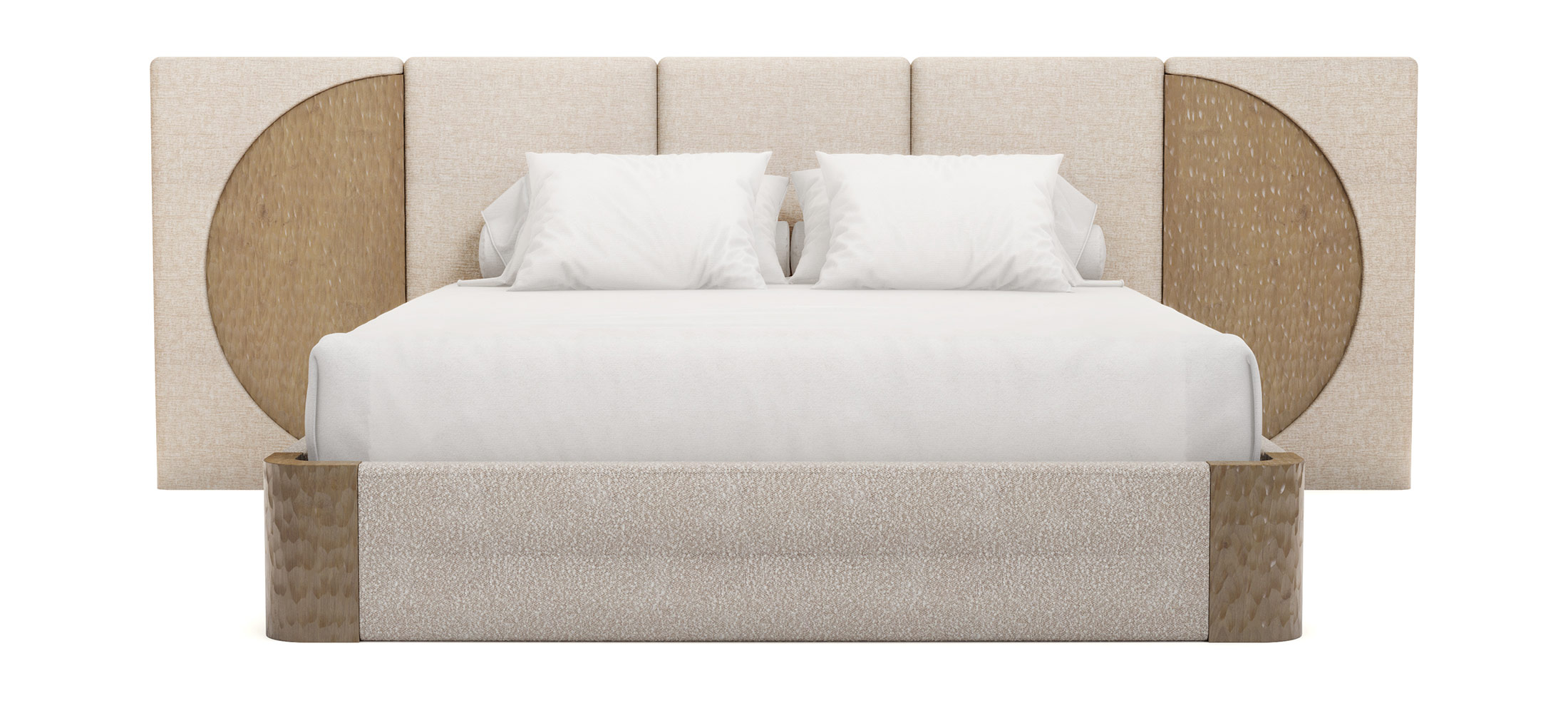 Claude bed featuring a headboard with neutral bouclé upholstery and carved varnished oak accents, sleek modern design with circular wood details on the sides. Front view