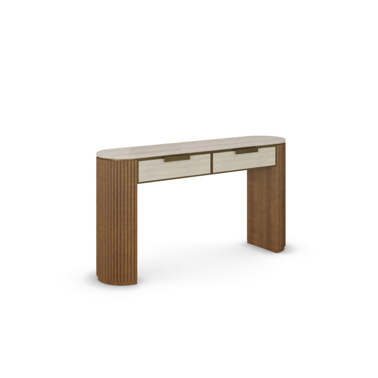 Harper console table with varnished oak finish, travertine top, two drawers, and ribbed wooden legs on both sides.45 degree view