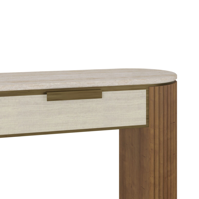 Harper console table with varnished oak finish, travertine top, two drawers, and ribbed wooden legs on both sides. Detail View