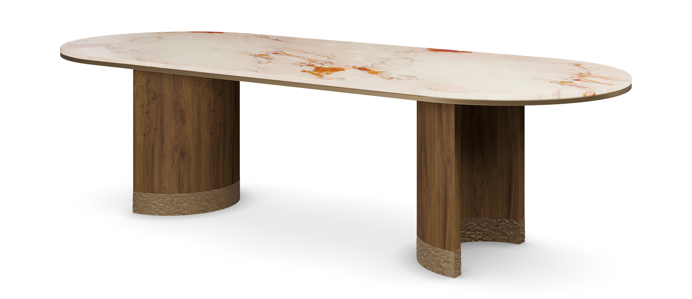 Coralie dining table with an oval Aegean Rose marble top, walnut legs, and hammered aged brass accents at the base of each leg 45 degree view