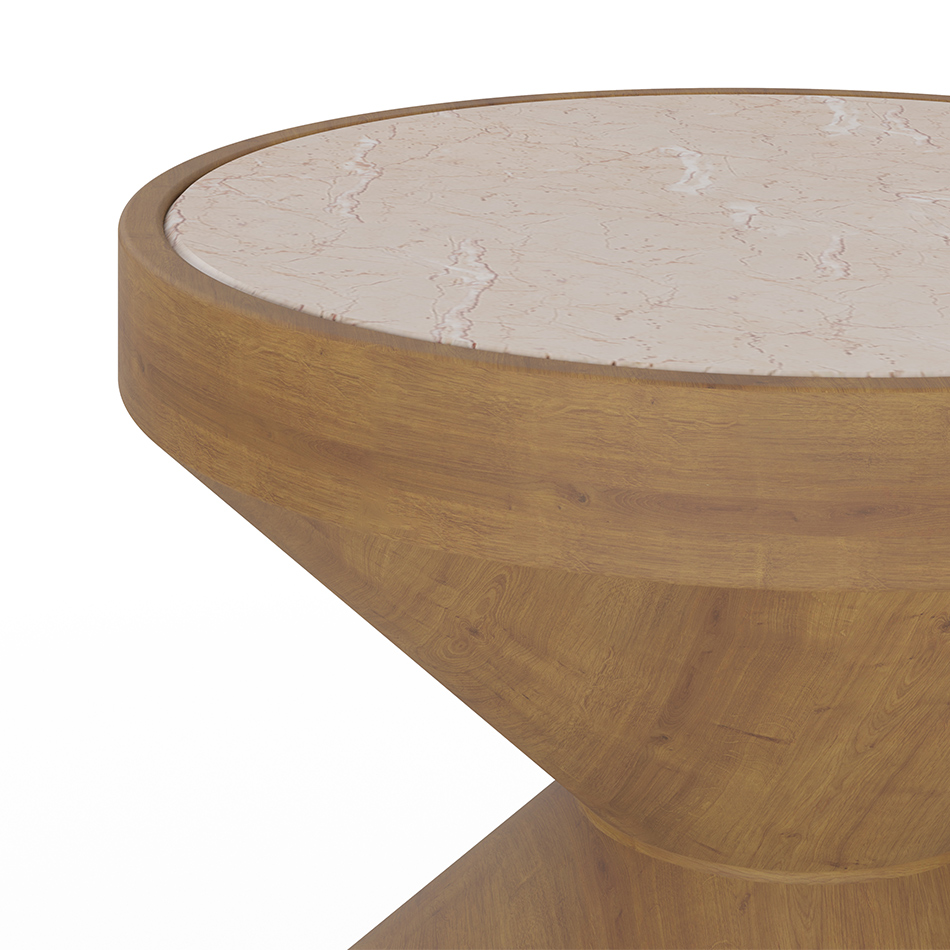 Fiona side table with a varnished oak double-cone base and a smooth Alpinina marble top, designed for modern interiors by Nolita Harbour.