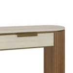 Harper Console, a refined console table by Nolita Harbour in oak and travertine, with ribbed legs and balanced modern design.