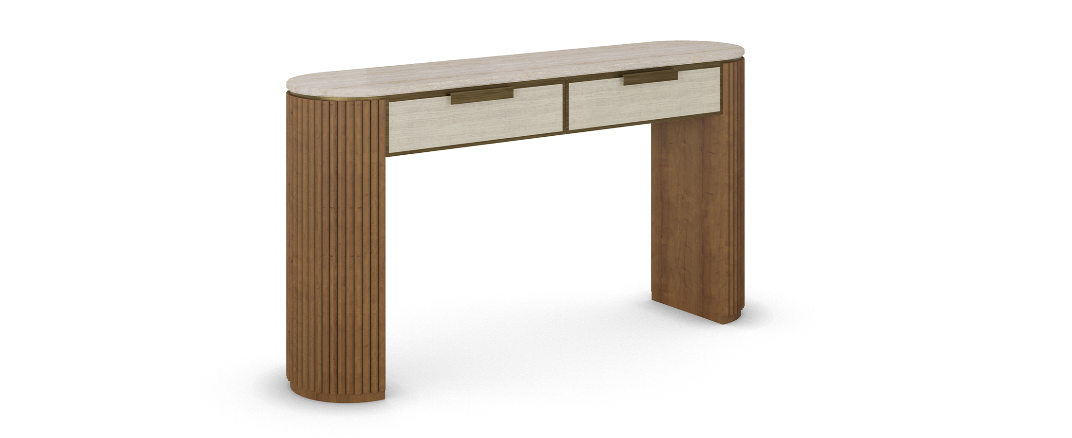 Harper console table with varnished oak finish, travertine top, two drawers, and ribbed wooden legs on both sides.45 degree view