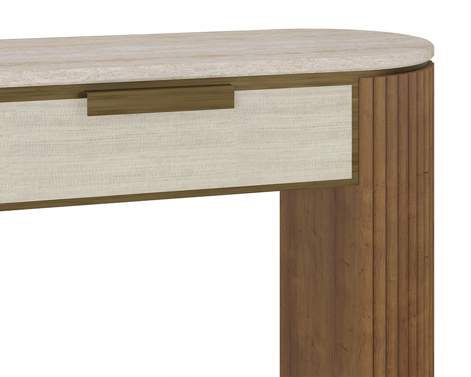 Harper console table with varnished oak finish, travertine top, two drawers, and ribbed wooden legs on both sides. detail view