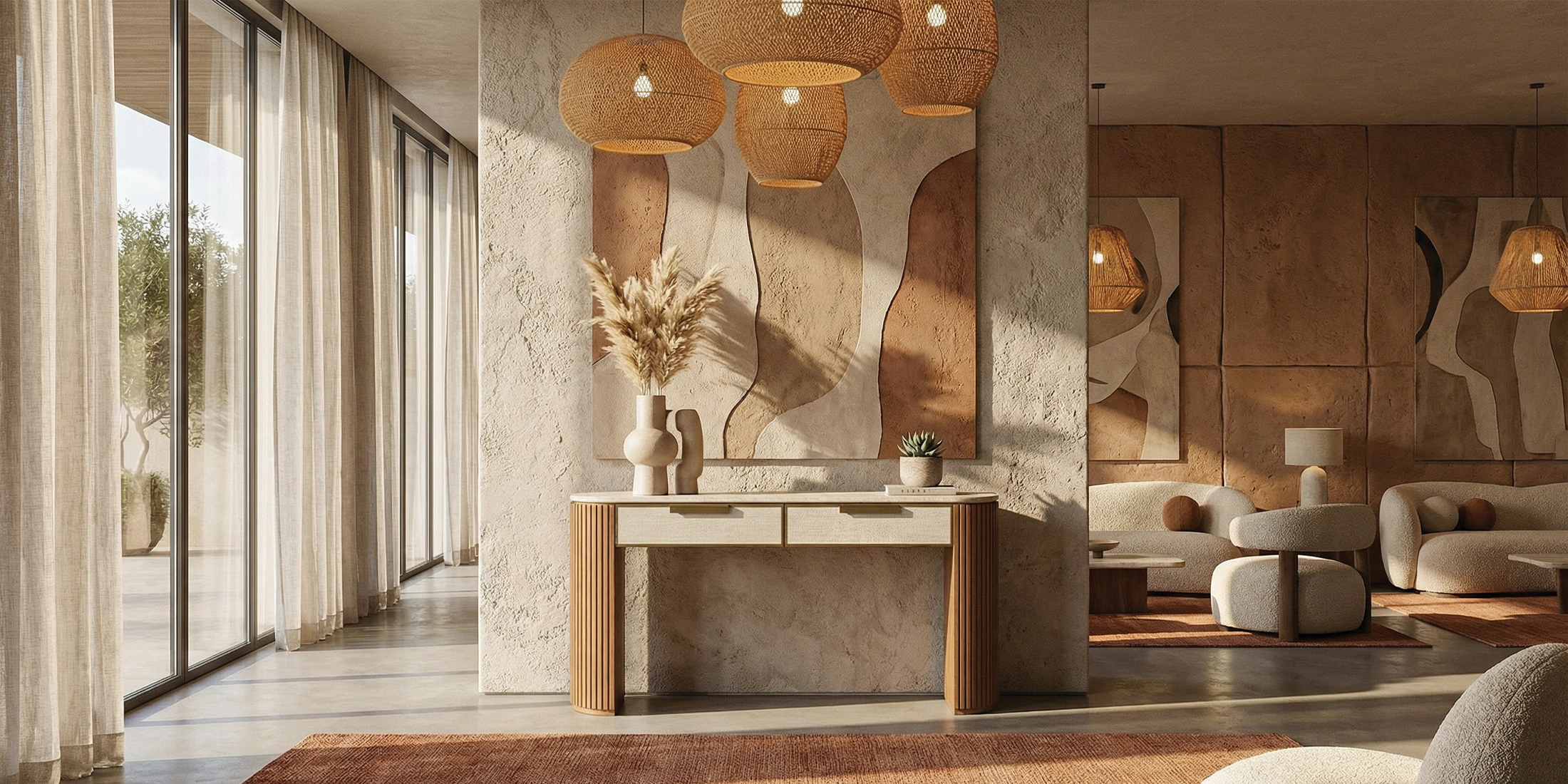 A strongly designed room with the centerpiece being the Harper console, by Nolita Harbour, as an elegant and functional statement piece.