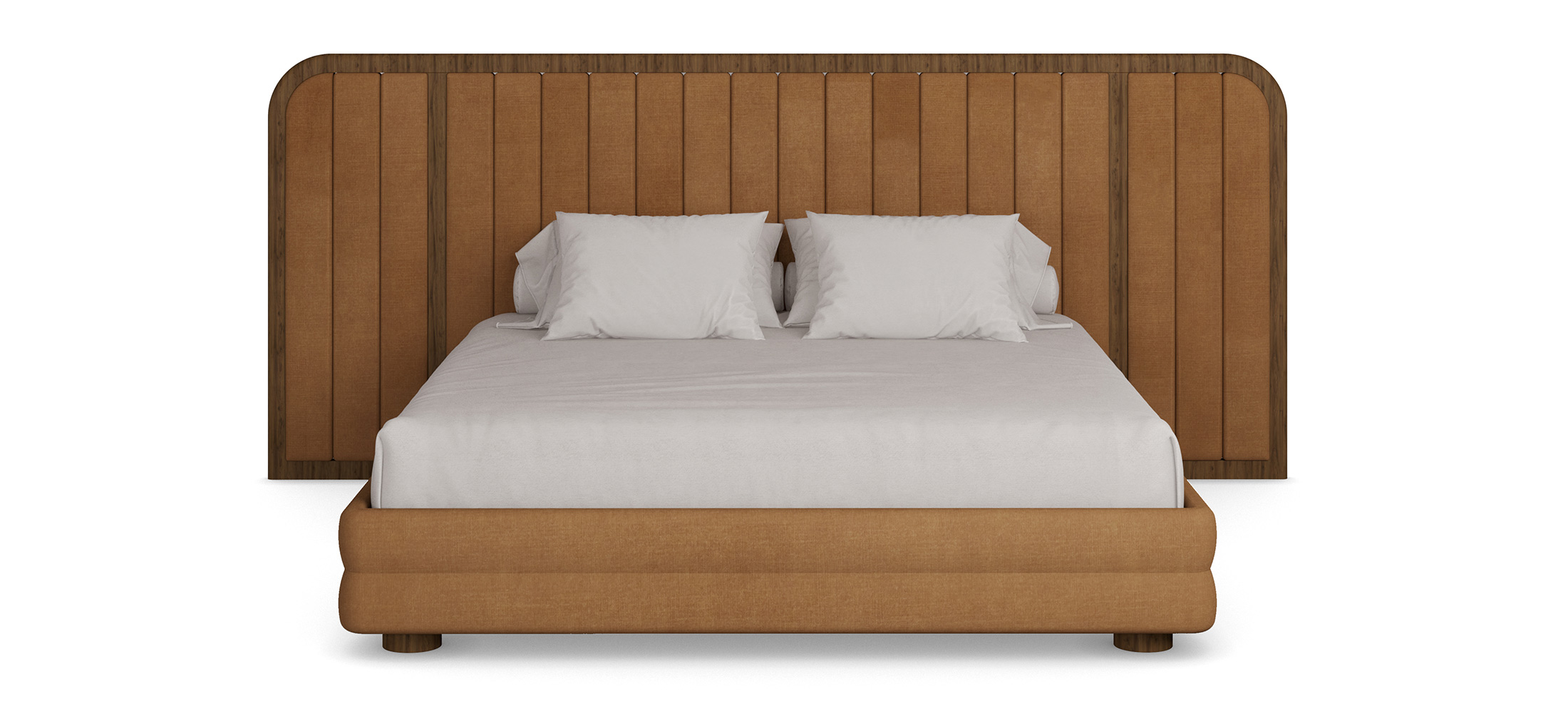 Marthina velvet bed with large walnut headboard, featuring tan velvet upholstery and vertical walnut paneling in a modern, minimalist design. Front View