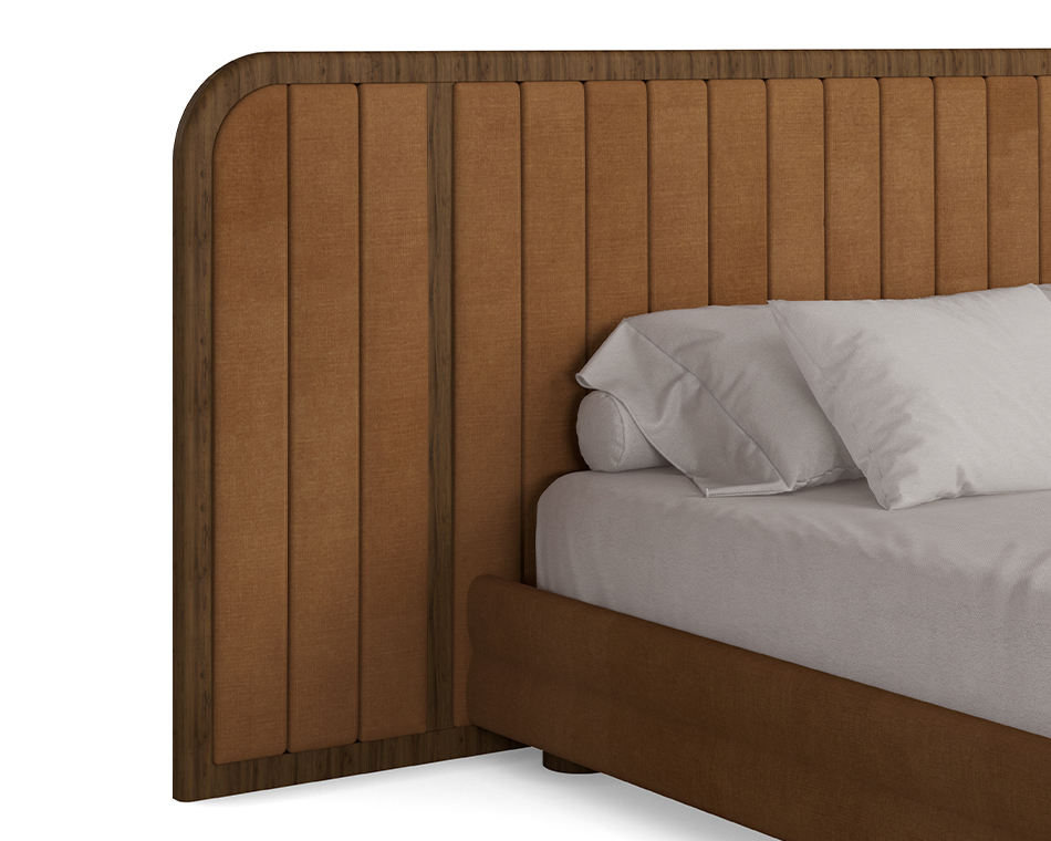 Marthina velvet bed with large walnut headboard, featuring tan velvet upholstery and vertical walnut paneling in a modern, minimalist design. detail View