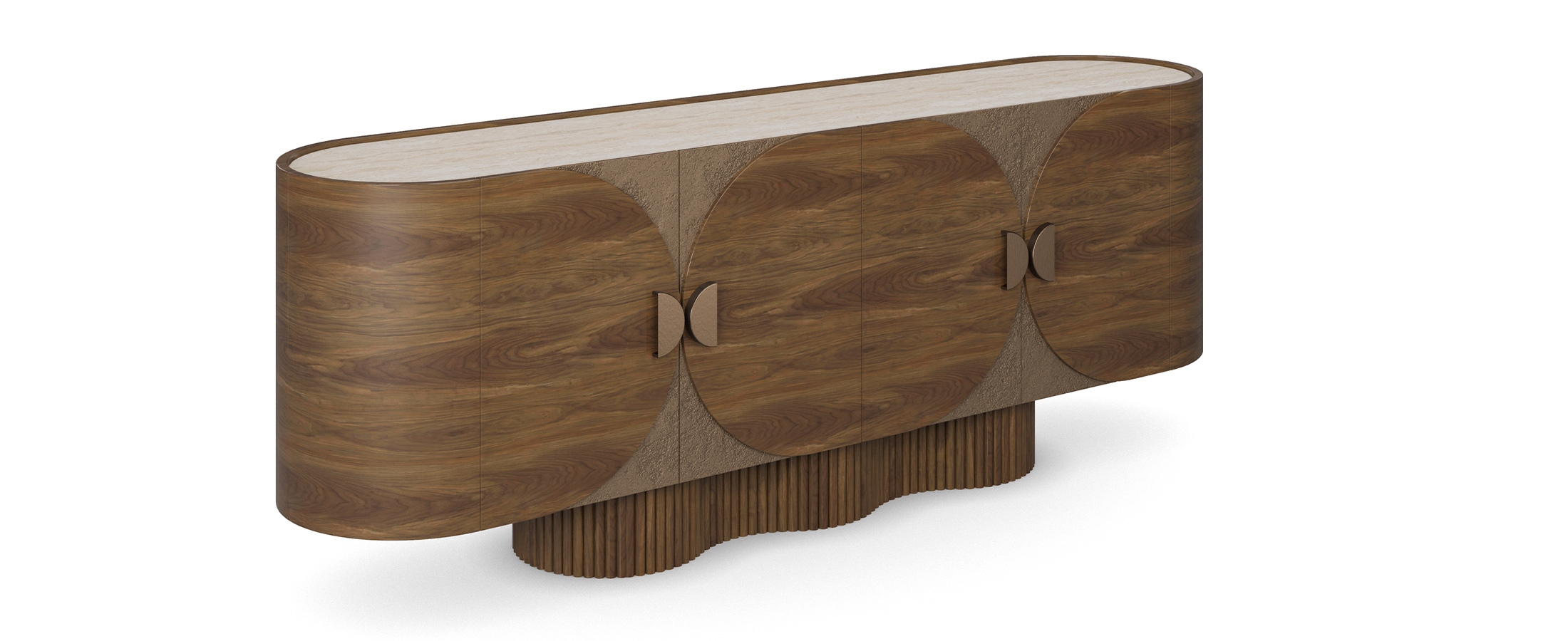 Ninon walnut sideboard with travertine top, ribbed base, and brass handles. 45 degree view