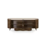 Opened Ninon Sideboard, a sophisticated sideboard by Nolita Harbour in wood and stone, with a balanced silhouette and textured detailing