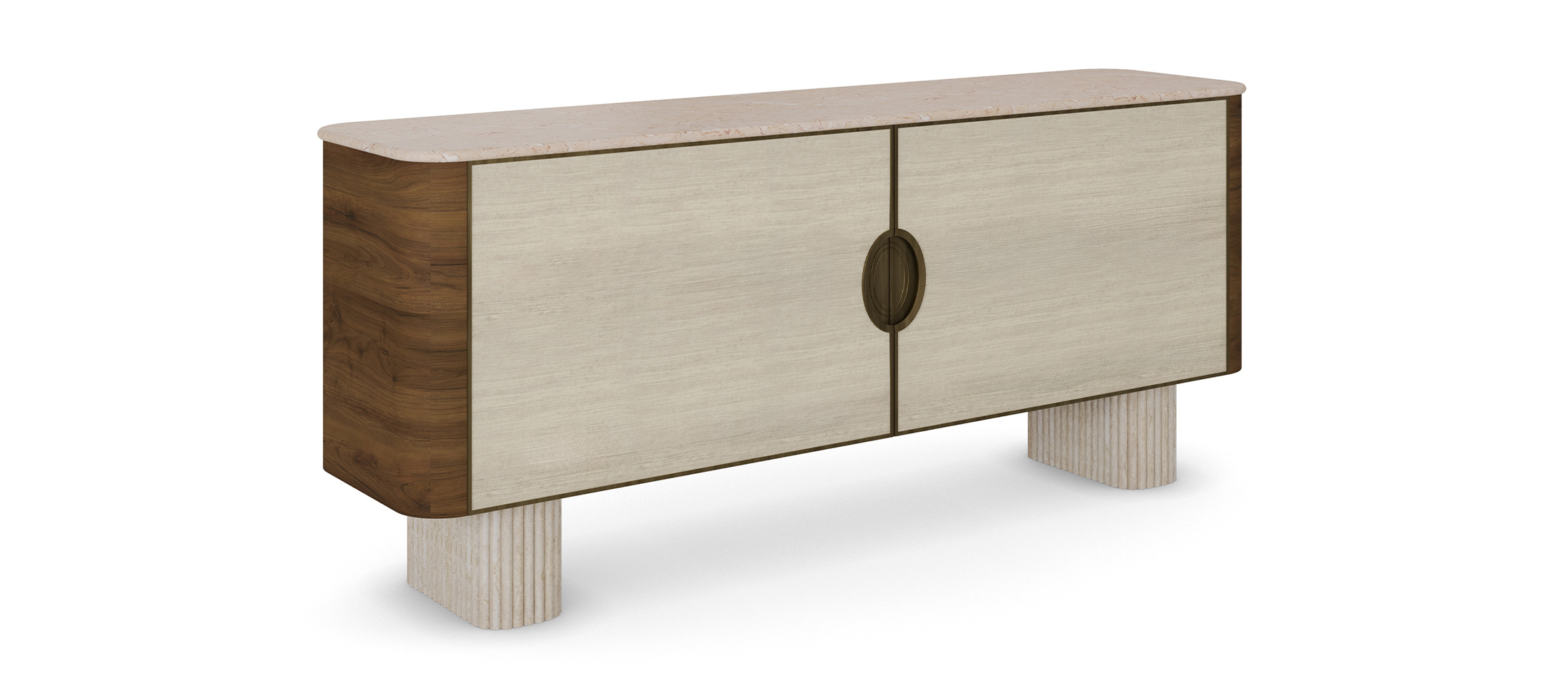 Perrine sideboard with ribbed travertine legs, walnut body, Alpinina marble top, synthetic wicker doors, and aged brass handles. Nolita Harbour 45 degree view