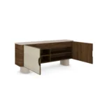 Opened Perrine Sideboard, a sculptural sideboard by Nolita Harbour in walnut and Alpinina marble, featuring brass accents and a calm linear form.