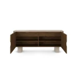 Opened Perrine Sideboard, a modern sideboard by Nolita Harbour in walnut and Alpinina marble, with textured wicker doors and balanced proportions.