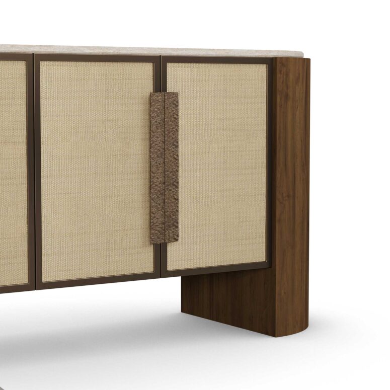 Capucine sideboard with a travertine top, walnut frame, synthetic wicker cabinet doors, and hammered aged brass handles. detail View