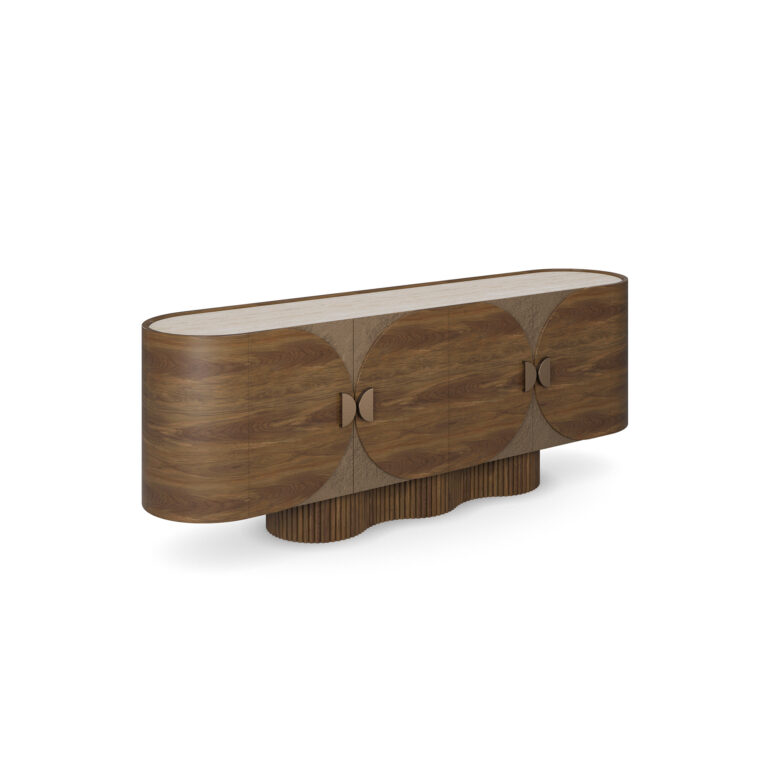 Ninon walnut sideboard with travertine top, ribbed base, and brass handles. 45 degree view