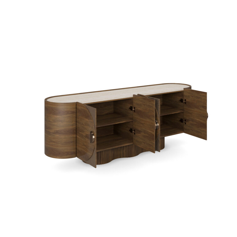 Ninon walnut sideboard with travertine top, ribbed base, and brass handles. 45 degree view open drawers