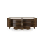 Ninon walnut sideboard with travertine top, ribbed base, and brass handles. Front view drawers open