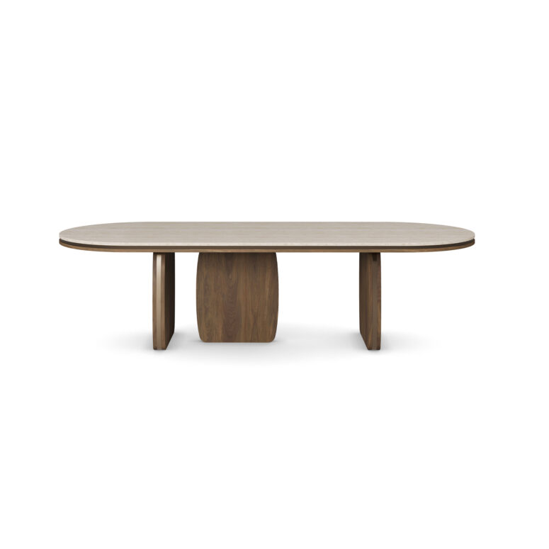 Assia Oval dining table with a smooth travertine tabletop and sculptural walnut legs, crafted by Nolita Harbour.